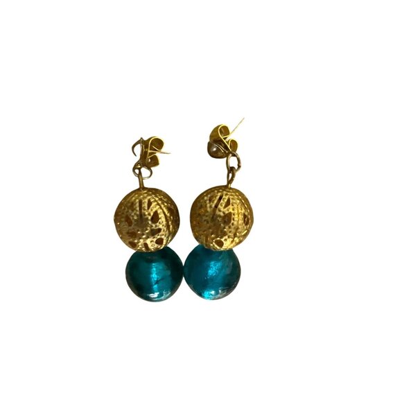 Vintage Gold Tone Dangle Pierced Earrings Blue Glass Cage Beads 1.5" Long Bali - Picture 3 of 3